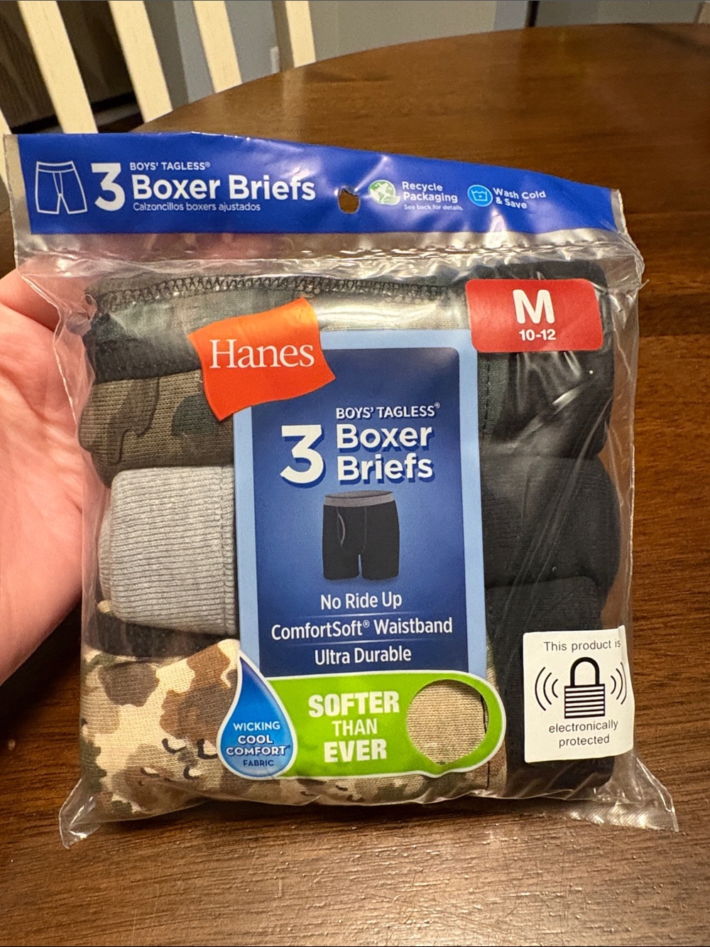 NWT Hanes Boys' Tagless 3-Pack Boxer Briefs - Black, Gray, Camo - M 10-12